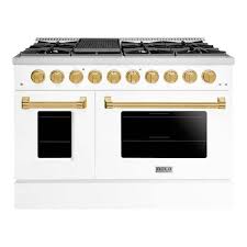 Hallman Bold 48 In Ttl 6 7 Cu Ft 8 Burner Freestanding All Gas Range With Gas Stove And Gas Oven White With Brass Trim