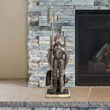 3 Piece Fireplace Tool Set And Medieval Knight Stand With Decorative Axe Antique Brass
