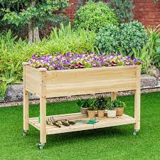 Wood Elevated Planter Bed With Lockable Wheels Shelf And Liner