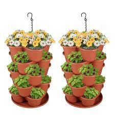 15 In Brown 5 Tier Plastic Vertical Stackable Tower Garden Planter 2 Sets