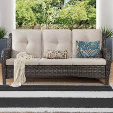 3 Seat Wicker Outdoor Patio Sofa Sectional Couch With Beige Cushions