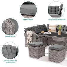 5 Piece Patio Dining Sofa Set Widened Back And Arm Pe Rattan Outdoor Furniture Set Grey