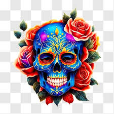 Muertos Sugar Skull With Red Roses Png