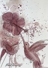 Wine Art Painting Bird Flower Original