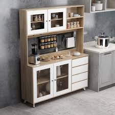 Fufu Gaga 63 In W Kitchen Light Brown Wood Buffet Sideboard Pantry Cabinet With Glass Doors 4 Drawers Hooks Open Shelves