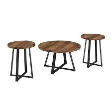 3 Piece Reclaimed Barnwood And Metal Wrap Industrial Coffee And Side Table Set