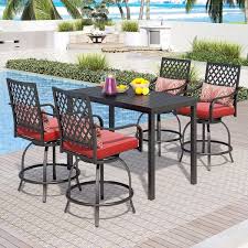 5 Piece Metal Rectangle Bar Height Outdoor Dining Set With Red Cushions