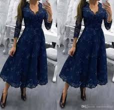 Navy Blue Mother Of Bride Dresses V Neck Long Sleeve Lace Beads Sequins Ankle Len Long Sleeve Evening Dresses Evening Dresses With Sleeves Wedding Evening Gown