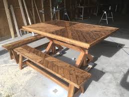 Custom Herring Bone Design Table With Two Matching Benches With Images Custom Furniture Table Outdoor Decor