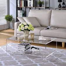 This Clear Lucite Acrylic Coffee Table Features A Modern Rectangle Design That Is A Beautiful Addi Acrylic Coffee Table Coffee Table Design Modern Coffee Table