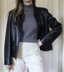 Vintage Black Lambskin Genuine Leather Jacket 90s Anne Klein Cropped Minimal Collared Coat Leather Jackets Women Plaid Jacket Women Leather Jacket