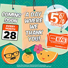 3.members must present their membership cards or any other form of accepted method by aeon to earn bonus points. Aeon Big 5 Off Storewide For Members On 28 Dec 2020