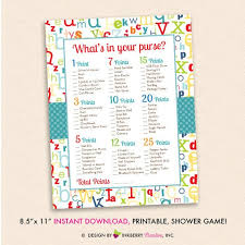 Baby shower bingo, baby shower trivia, how about a quick game of what's in mommy's purse? we have free versions of some of your favorite printable games perfect for any theme. Alphabet Baby Shower What S In Your Purse Game Alphabet Theme Abc Baby Shower Printable Pdf Baby Shower Games Instant Download By Inkberry Cards Design Catch My Party