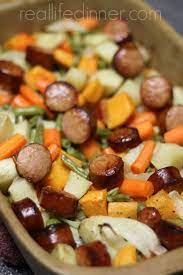 Kielbasa And Roasted Vegetables Just Chop Toss And Bake So Easy Reallifedinner Com Recipes Food Kielbasa Recipes