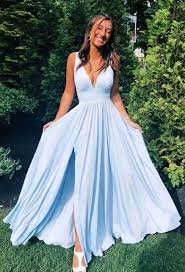 Simple Blue V Neck Long Prom Dress Evening Dress Flowy Bridesmaid Dresses Trendy Prom Dresses Prom Dresses Blue