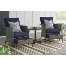 Hampton Bay Grayson 5 Piece Ash Gray Wicker Patio Small Spaces Chat Set With Midnight Blue Cushions Fm18067 G The Home Depot Small Patio Furniture Gray Patio Furniture Wicker Patio Furniture
