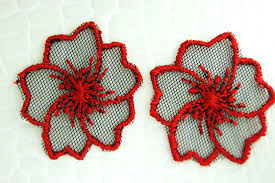 From the collection of flower designs. Red Black Sheer Netting Floral Design Vintage Applique Appliques 62