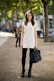 Black And White Sweater Dress Street Style Fashion White Dress Black Tights Black Tights