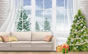 Christmas living room with xmas tree, lights, presents, fireplace,. Christmas Interior Of Living Room Sofa On White Brick Wall Background Royalty Free Cliparts Vectors And Stock Illustration Image 108691820