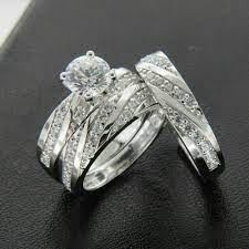 Diamond Trio Set His Hers Engagement Ring Wedding Band White Gold Finish 2 Ct Truejewe Diamond Wedding Bands Wedding Ring Bands Diamond Wedding Rings Women