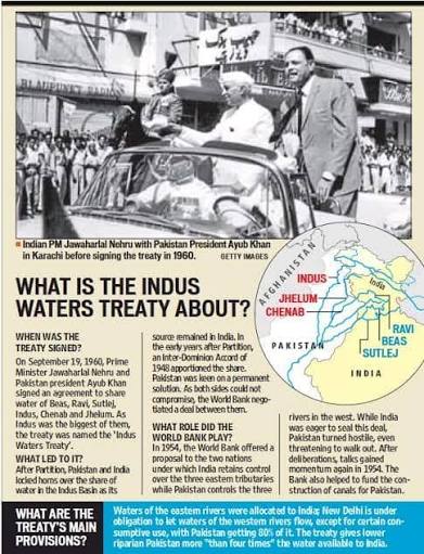 The Indus Waters Treaty. In this treaty Pakistan got 80% share of water,  India got 20% share of water. Date- Sept. 19, 1960, Karachi. From left to  right: Jawaharlal Nehru, Prime Minister