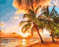 Watercolor painting tutorial of beautiful sunset clouds landscape easy and step by step. Palm Trees Beach Landscape Paint By Number Numeral Paint