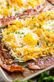 One Pan Breakfast Bake With Bacon Hash Browns And Eggs Recipe Breakfast Bake Breakfast Brunch Recipes Sheet Pan Recipes