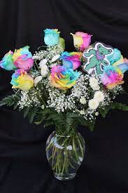 Grateful Dead Themed Sympathy Vase Arrangement With Rainbow Roses In Bloom Florist Floral Arrangements Wedding Flowers
