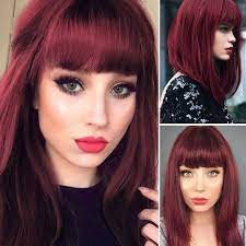 Shoulder Length Dark Red Wigs For Women Bob Wig Bangs Straight Etsy Red Hair With Bangs Short Red Hair Wine Hair