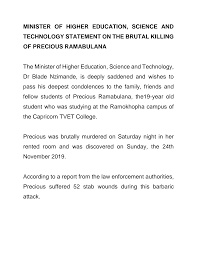 Precious ramabulana foundation, pretoria, south africa. Https Www Dhet Gov Za Siteassets Minister 27s 20speeches 202019 Mininster 20nzimande 27s 20speech 20on 20the 20brutal 20killing 20of 20precious 20ramabulana Pdf