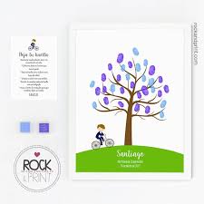 Lienzo de algodón natural impreso con tintas especiales de alta duración. Arbol Huellas Bicicleta Comunion Nino Arbol De Los Deseos