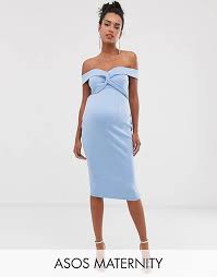 Asos Design Maternity Baby Shower Off Shoulder Knot Detail Midi Dress Asos