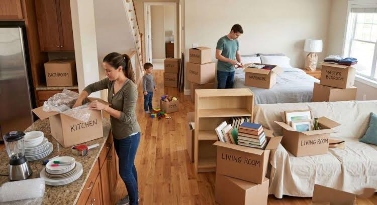 Organised family unpacking boxes room by room in a new home