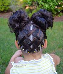 Big Messy Buns And Woven Detail In The Back Hair Styles Girls Hairstyles Easy Cute Little Girl Hairstyles