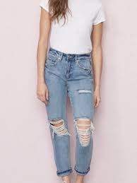 Light Blue Pockets Buttons High Waisted Ripped Distressed Boyfriend Denim Nine S Mom Jeans Jeans Bottoms