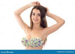 Adorable Young Brunette Woman with Big Natural Breasts in Swimsuit with  Floral Pattern Smiling and Looking at the Stock Photo - Image of  attractive, caucasian: 86994144