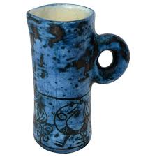 French Ceramic Artist Jacques Blin Dark Blue Sgraffito Ceramic Vase With Handle Ceramic Vase Large Ceramic Vase Ceramic Artists