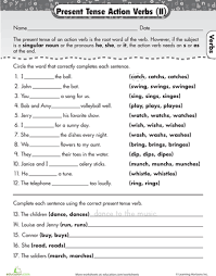 Great Grammar Present Tense Action Verbs Worksheet Education Com Present Tense Verbs English Grammar Verb Worksheets