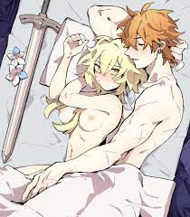 hilimuc, lumine (genshin impact), tartaglia (genshin impact), genshin  impact, highres, tagme, 1boy, 1girl, bed sheet, breasts, completely nude,  couple, hair between eyes, hetero, lying, medium breasts, naked sheet,  nipples, nude, scar, scar