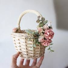 Flower Girl Basket Basket With Faux Flowers Wicker Basket Etsy Diy Flower Girl Basket Flower Girl Basket Wedding Flower Girl Basket