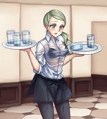 monorus, waitress (pokemon), creatures (company), game freak, nintendo,  pokemon, pokemon xy, highres, 10s, 1girl, apron, black bra, black  pantyhose, blush, bra, breasts, dual wielding, glass, green eyes, green  hair, holding, long hair,