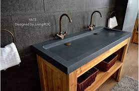 Aravo solutions rectangular ceramic sinktop. 47 X 19 Trendy Double Trough Gray Granite Stone Double Bathroom Sink Yate