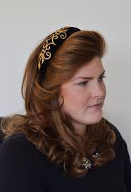 AUGUSTA BLACK & GOLD Extra Puffy Thick Padded Velvet Headband/hairband  Embellished Embroidered Brocade Trim Wedding Crown Hairpiece