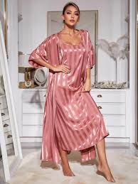 Slessic Classic Elegant Shiny Large Striped Satin Sexy Robe Slip Nightwear  Nightdress Set