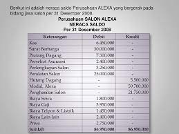 Dari contoh diatas jumlah neraca saldo sebesar rp 3 250 000 dan jumlah yang masih ada di gudang rp 1 400 000 sehingga selisihnya rp 1 850 000 sebagai biaya perlengkapan salon. Terkini Contoh Neraca Saldo Perusahaan Jasa Salon