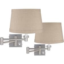 The lighting in the room is extravagant. Possini Euro Design Modern Swing Arm Wall Lamps Set Of 2 Brushed Nickel Plug In Light Fixture Natural Linen Drum Shade For Bedroom Target