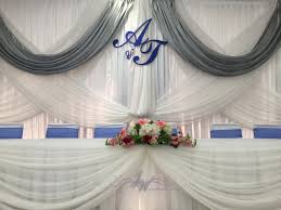 Looking to create a fabulous visual scene behind your big moment? Royalblue Silver Wedding Backdrop Initials Chairbow Headtable Drapery Flowers Floralarrangement Weddingparty Weddingday Joycewedding Torontoweddingservice Torontoweedinngdecor Torontoweddingflorist Torontoweddingplanning
