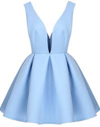 Blue V Neck Backless Midriff Flare Dress Backless Cocktail Dress Knee Length Cocktail Dress Blue Sleeveless Dress