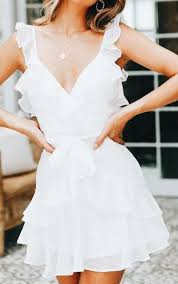 White Ruffle Summer Mini Dress Cute Women S Fashion Chic Fall Winter Spring Summer Casual Street Style Outfit Summer Dress Outfits Fashion White Mini Dress