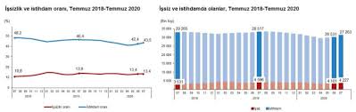 Türkiye genelinde 15 ve daha yukarı yaştakilerde işsiz sayısı 2020 yılı ağustos döneminde geçen yılın aynı dönemine göre 456 bin kişi azalarak 4 milyon 194 bin kişi oldu. Temmuz 2020 Issizlik Orani Yuzde Kac